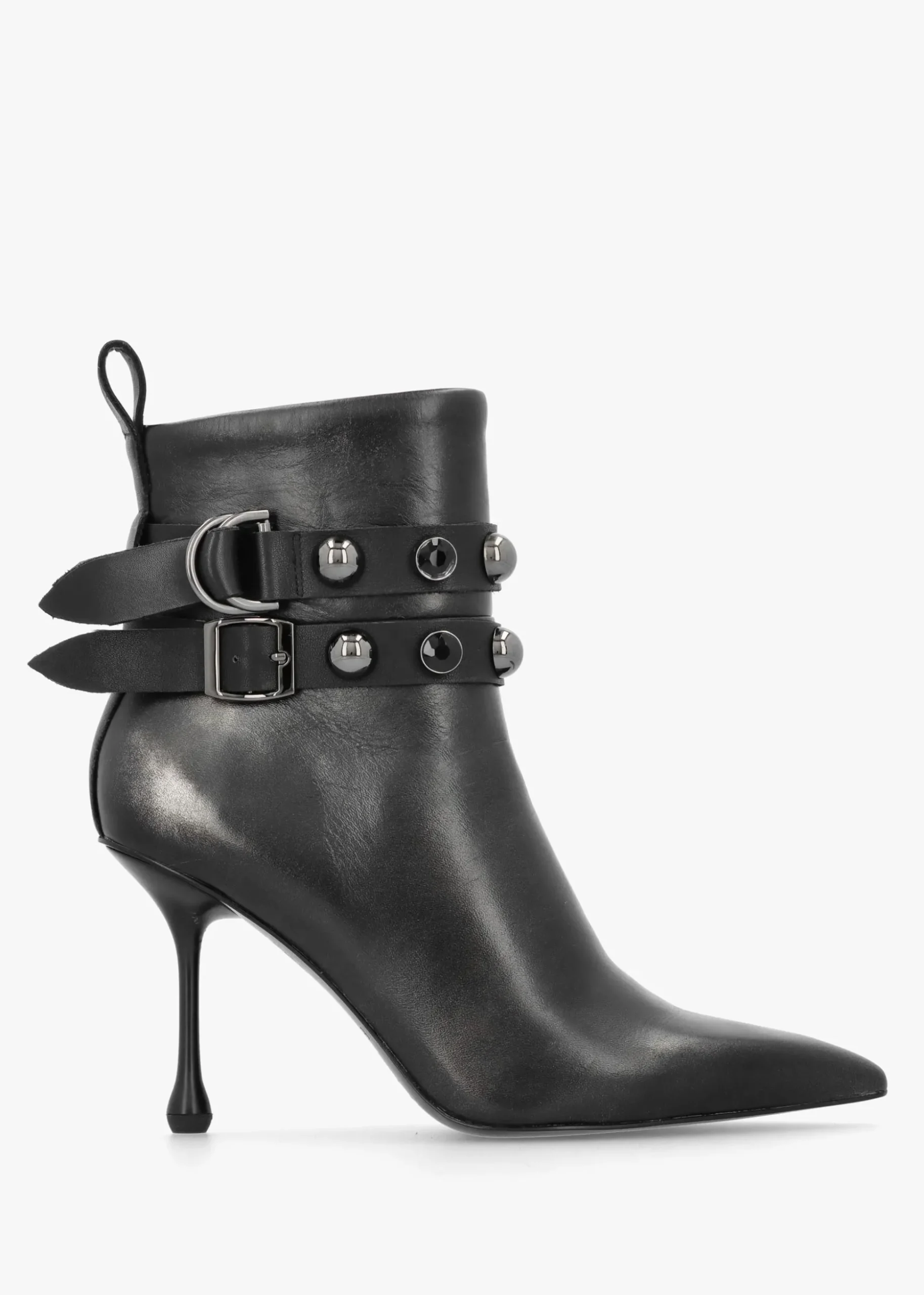 Black Leather Embellished Ankle Strap Shaped Heel Boots
