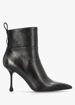 Black Leather Embellished Ankle Strap Shaped Heel Boots