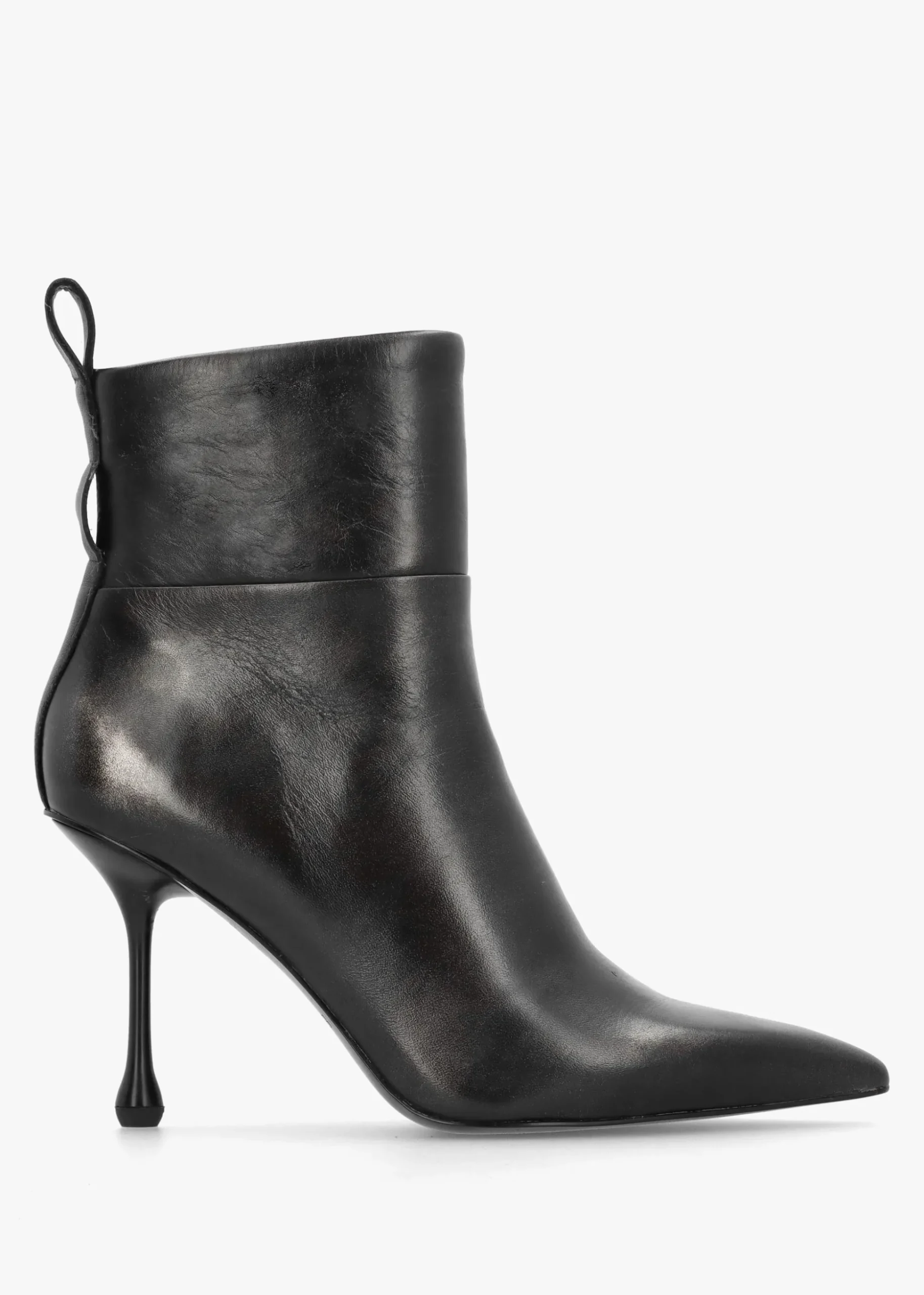 Black Leather Embellished Ankle Strap Shaped Heel Boots