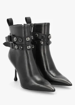 Black Leather Embellished Ankle Strap Shaped Heel Boots
