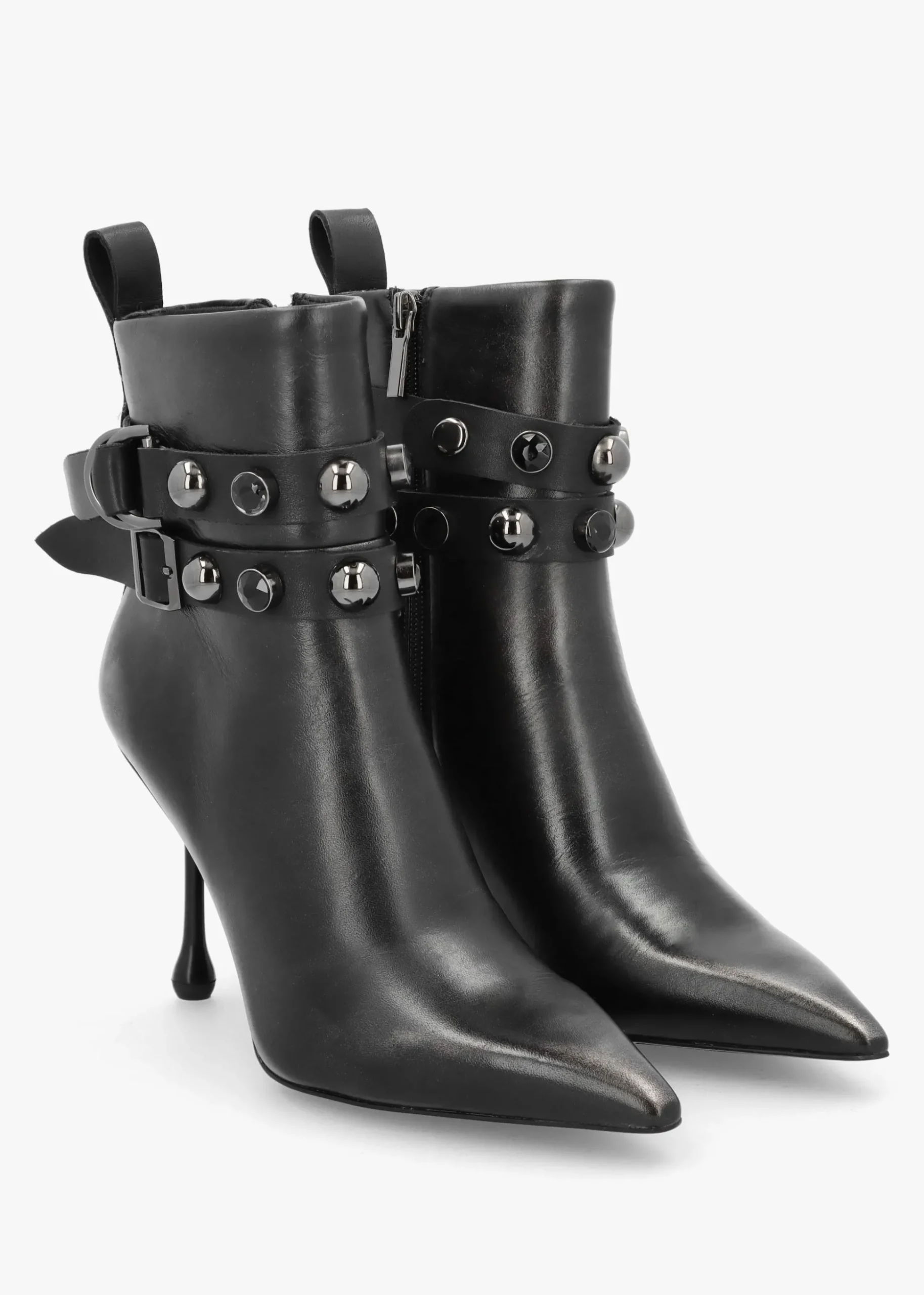 Black Leather Embellished Ankle Strap Shaped Heel Boots