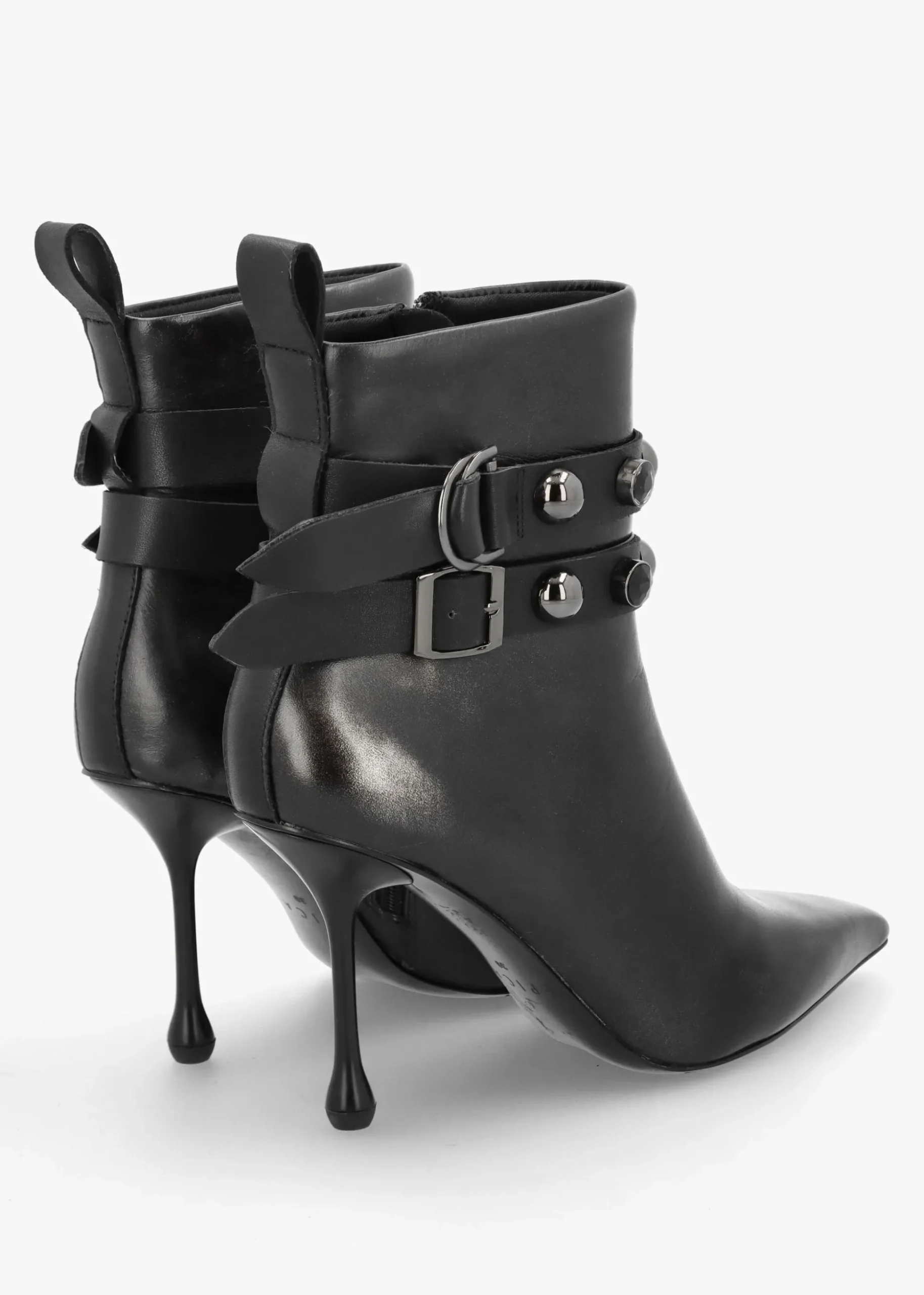 Black Leather Embellished Ankle Strap Shaped Heel Boots