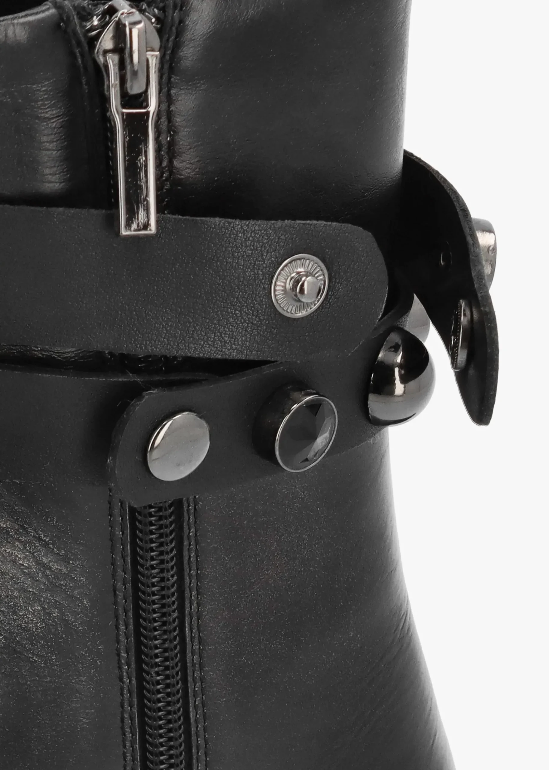 Black Leather Embellished Ankle Strap Shaped Heel Boots