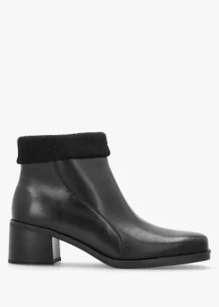 Black Leather Rib Knit Block Heel Ankle Boots