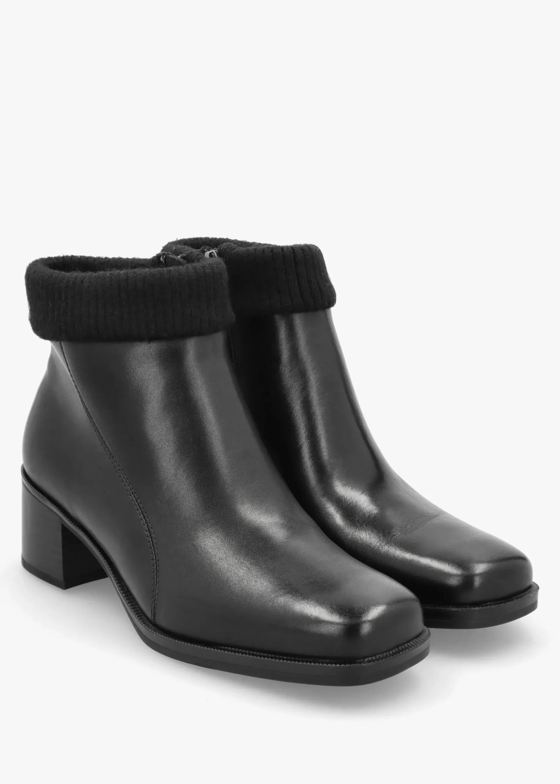 Black Leather Rib Knit Block Heel Ankle Boots