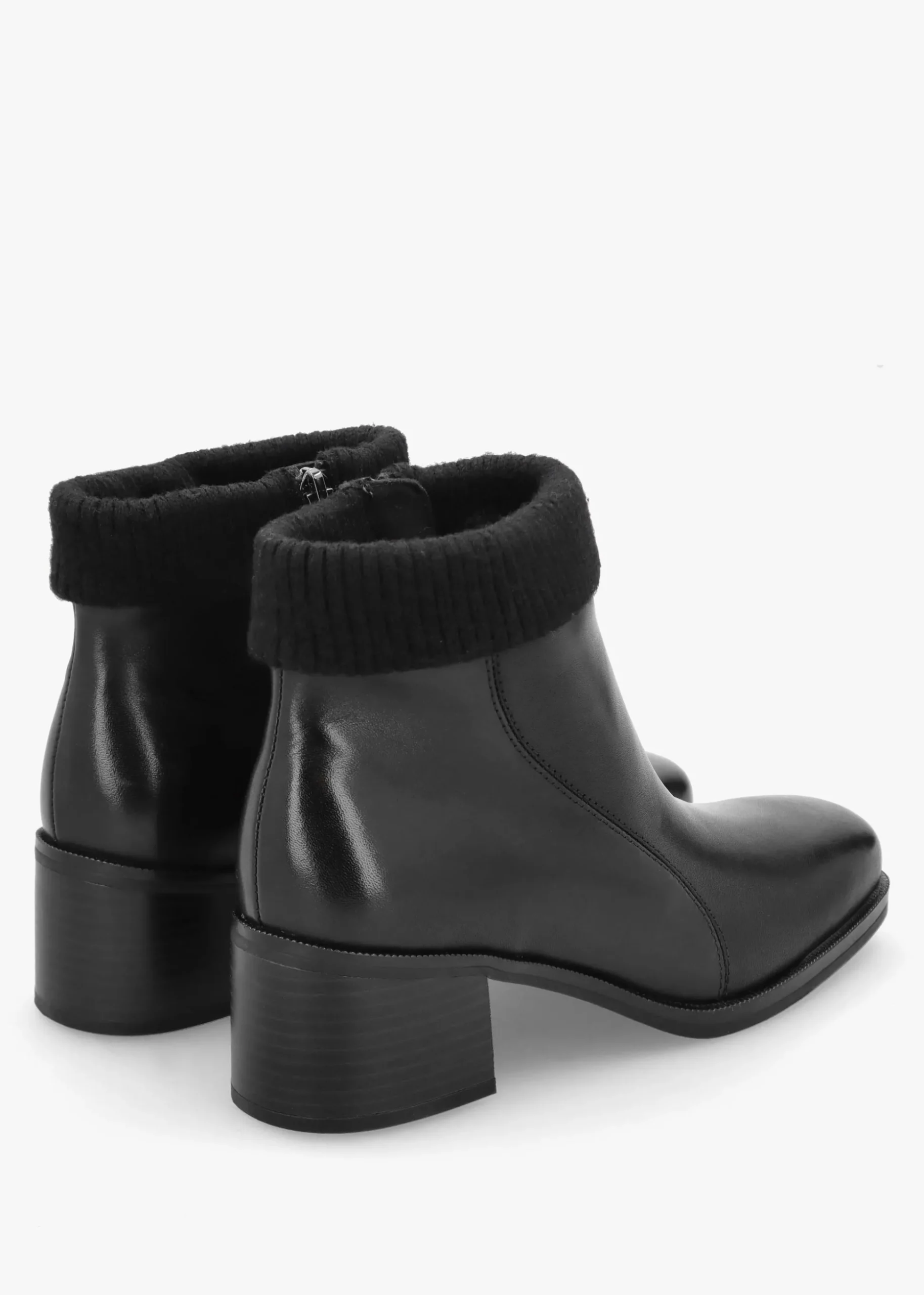 Black Leather Rib Knit Block Heel Ankle Boots