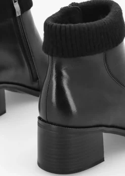 Black Leather Rib Knit Block Heel Ankle Boots