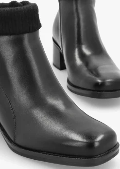 Black Leather Rib Knit Block Heel Ankle Boots