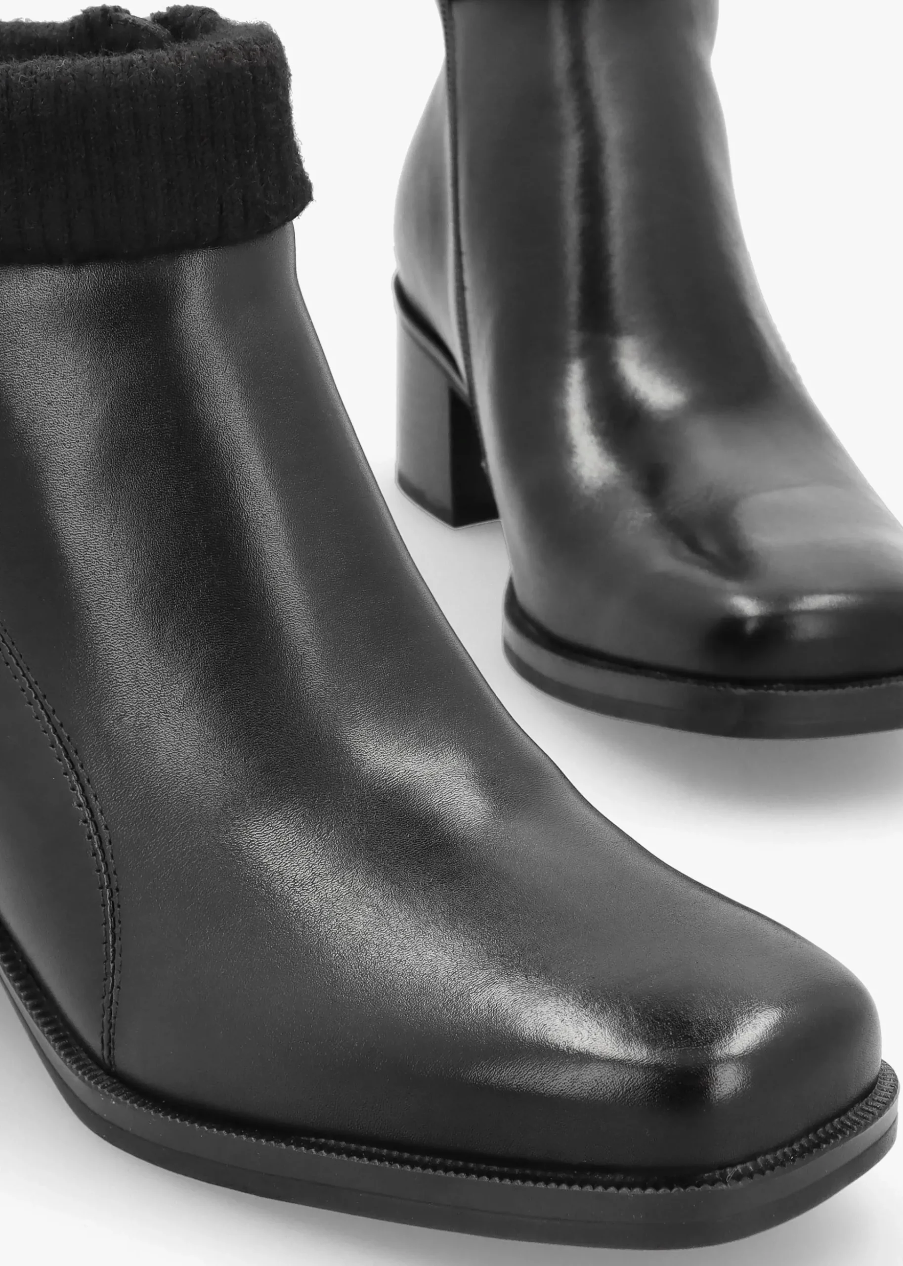 Black Leather Rib Knit Block Heel Ankle Boots