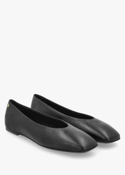 Black Leather Square Toe Ballet Pumps