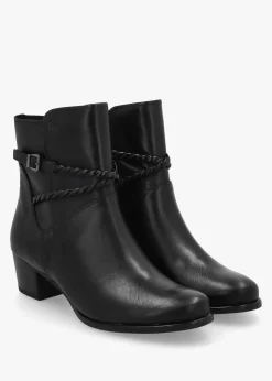 Black Leather Twist Strap Block Heel Ankle Boots