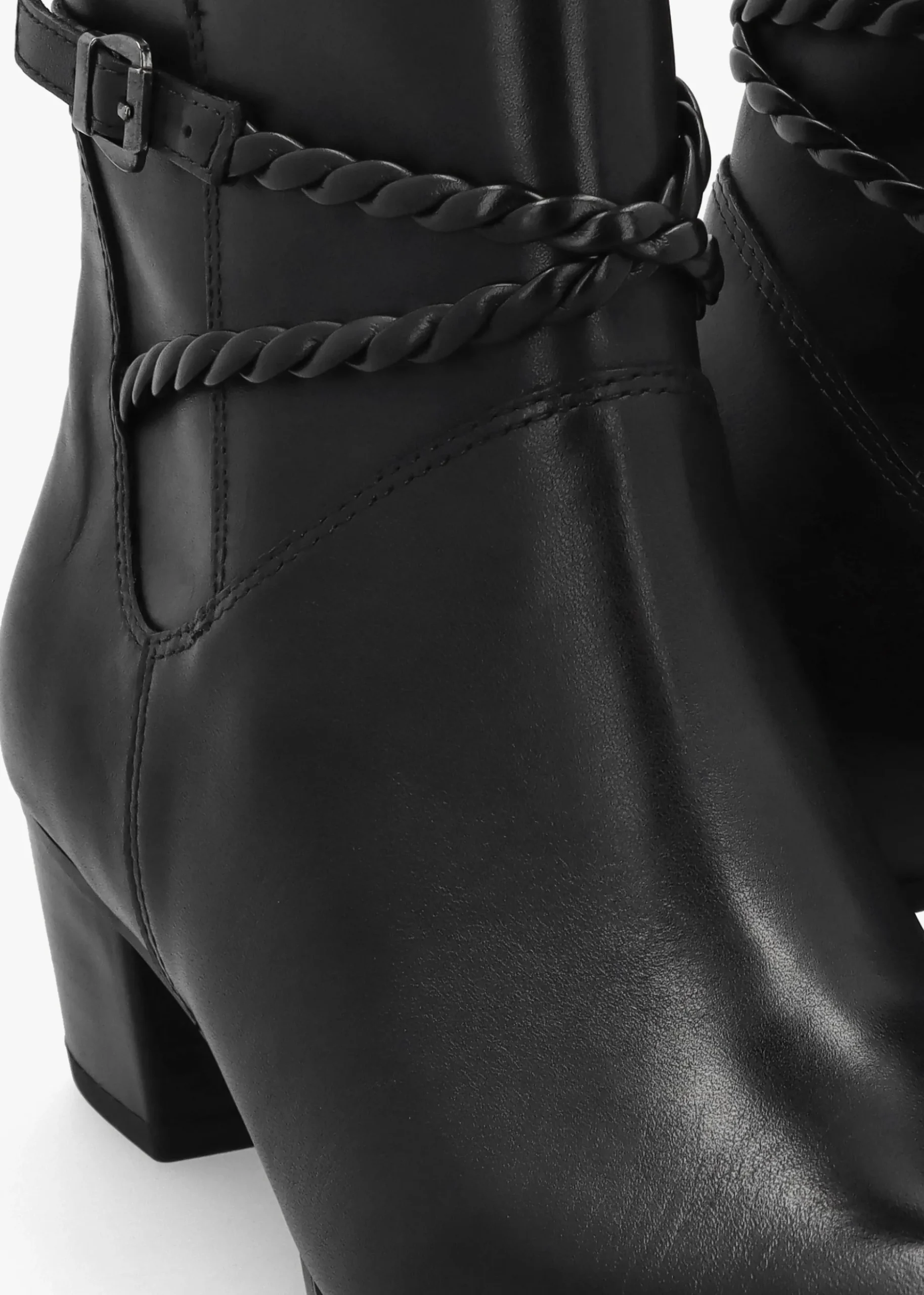Black Leather Twist Strap Block Heel Ankle Boots