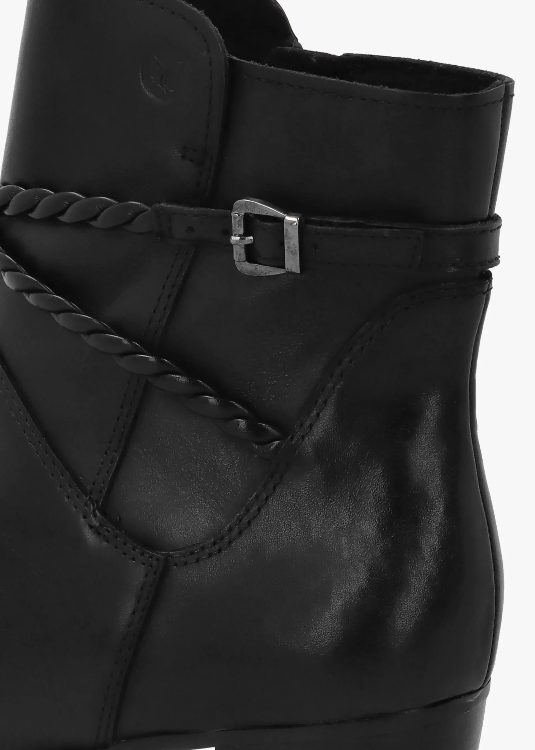 Black Leather Twist Strap Block Heel Ankle Boots