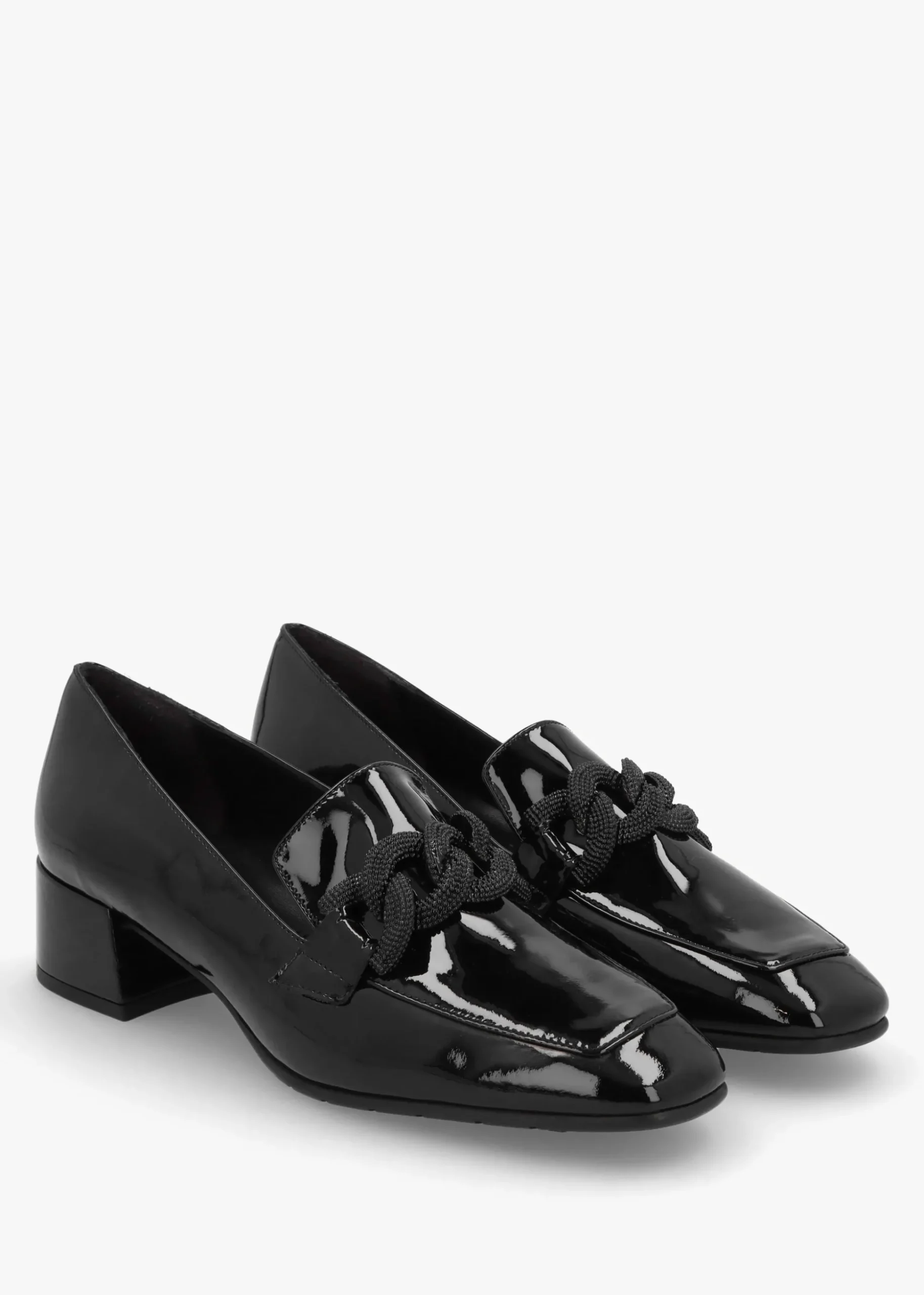 Black Patent Leather Chain Link Low Heel Loafers