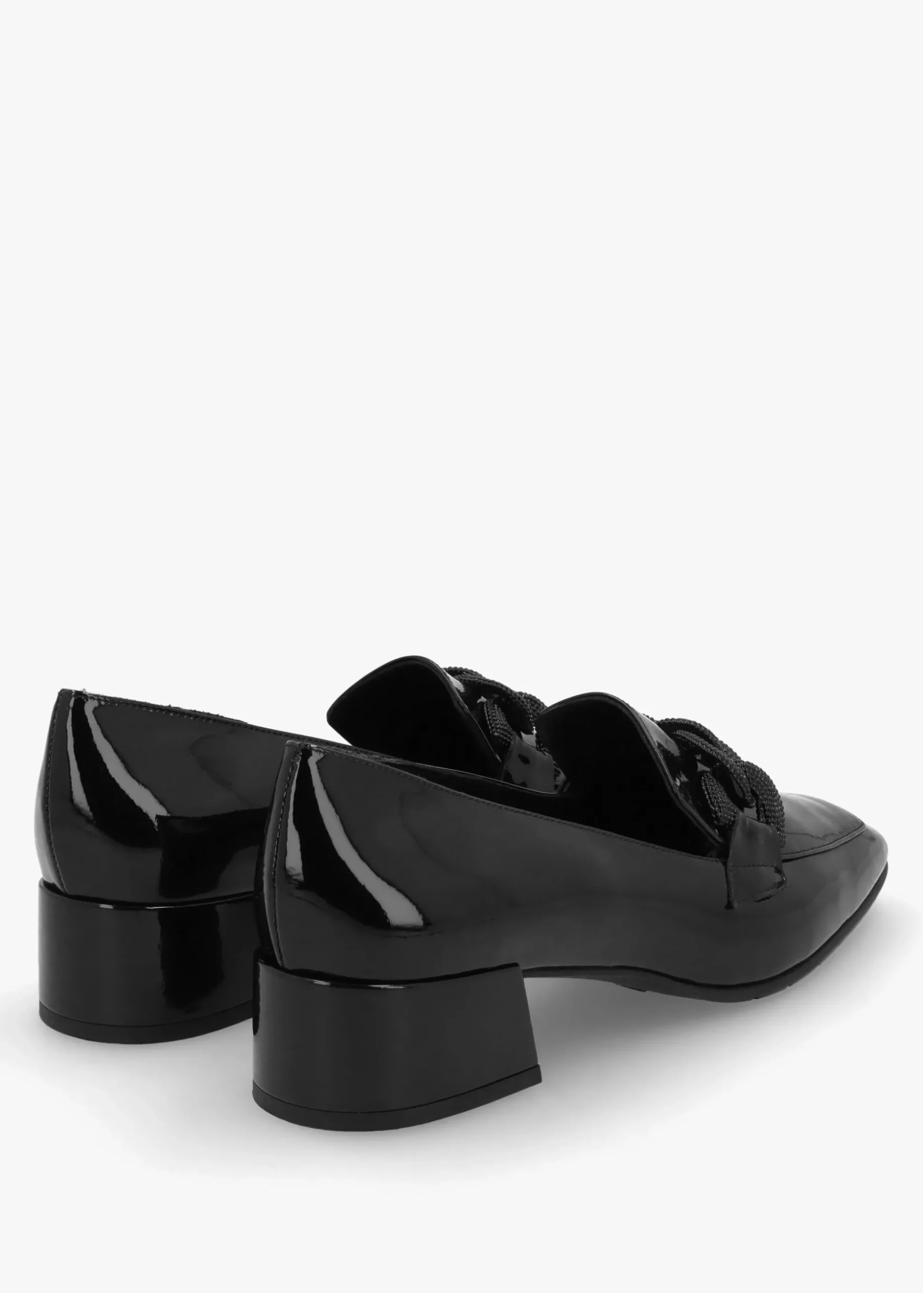 Black Patent Leather Chain Link Low Heel Loafers