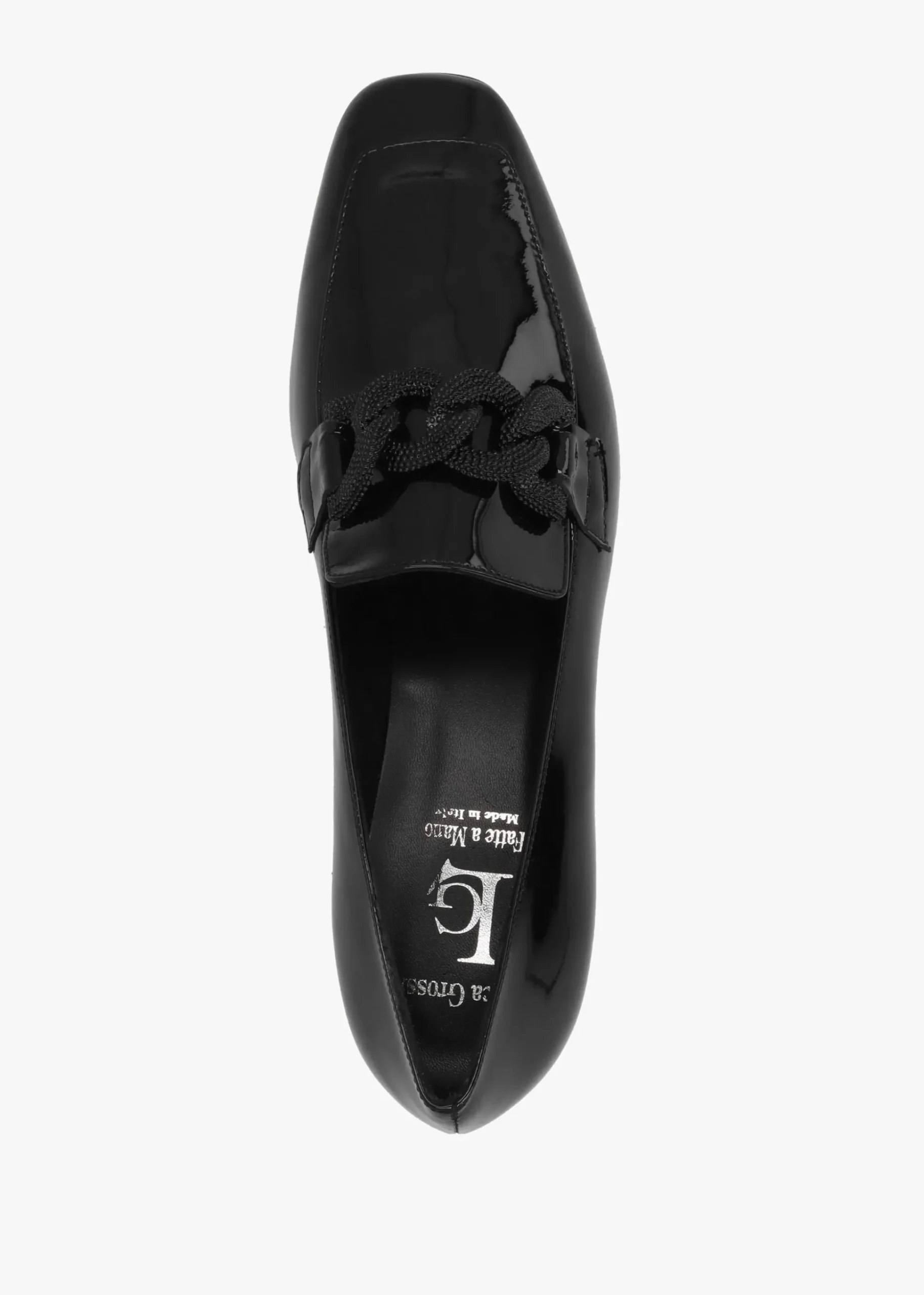 Black Patent Leather Chain Link Low Heel Loafers