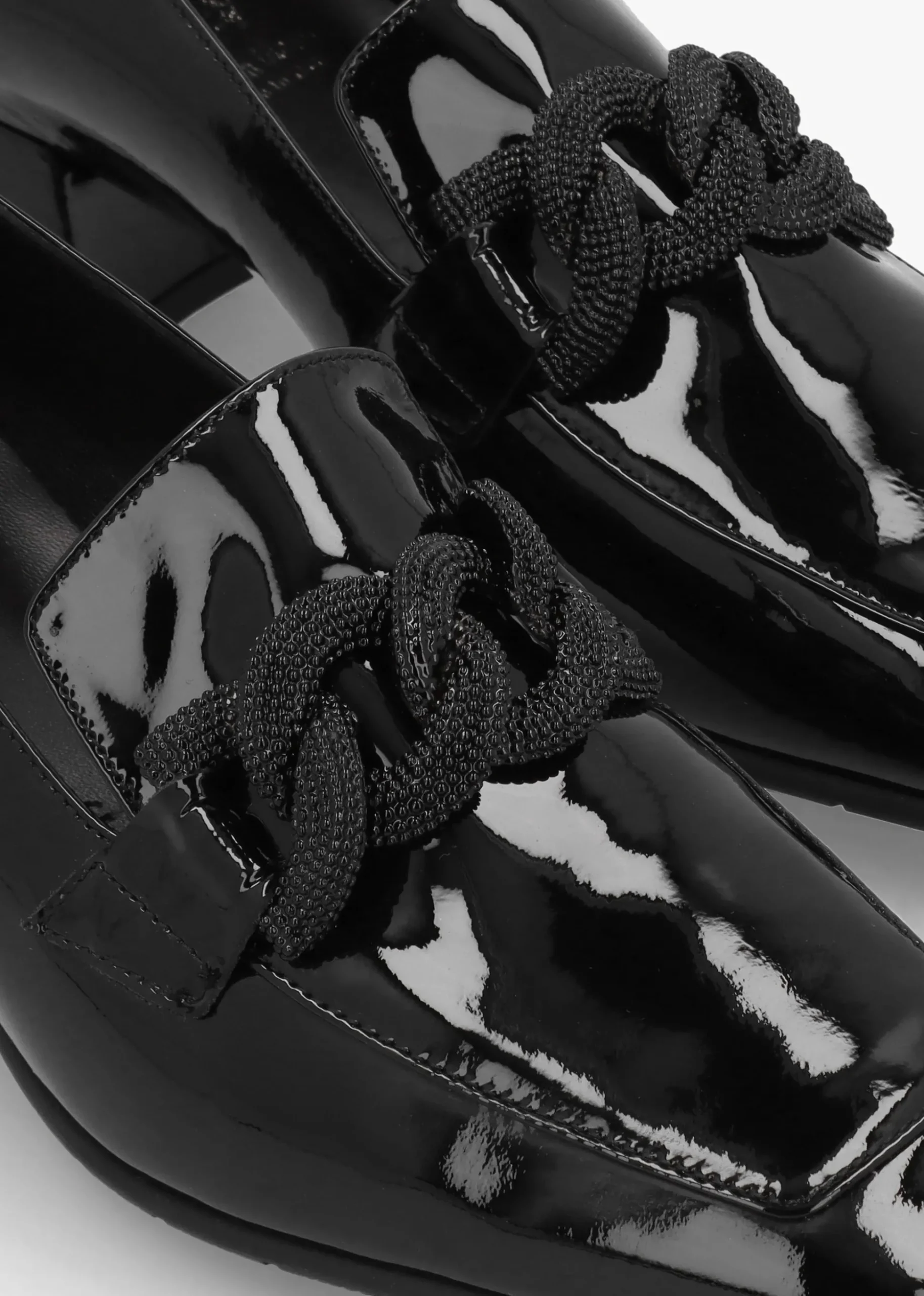 Black Patent Leather Chain Link Low Heel Loafers