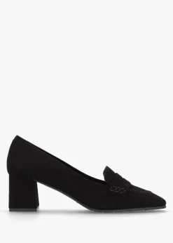 Black Suede Square Toe Block Heel Loafers