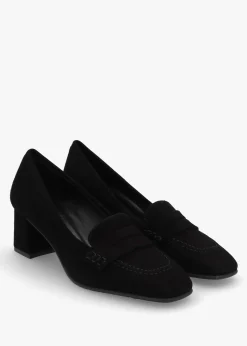 Black Suede Square Toe Block Heel Loafers