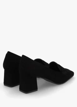 Black Suede Square Toe Block Heel Loafers