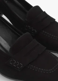 Black Suede Square Toe Block Heel Loafers
