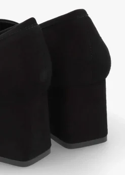 Black Suede Square Toe Block Heel Loafers