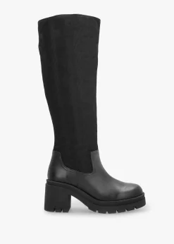 Bliny Black Leather Block Heel Knee Boots