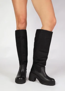 Bliny Black Leather Block Heel Knee Boots