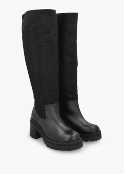 Bliny Black Leather Block Heel Knee Boots