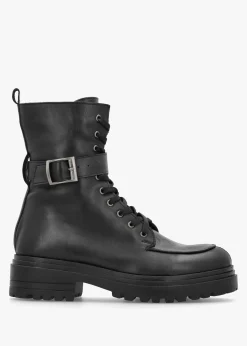 Boman Black Leather Lace Up Biker Boots