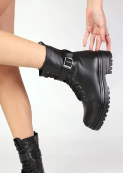 Boman Black Leather Lace Up Biker Boots
