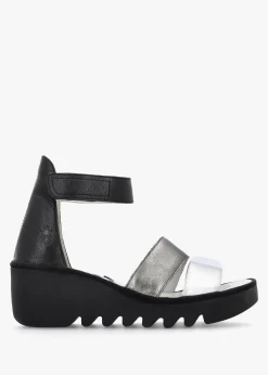 Bono Silver Graphite Black Leather Mid Wedge Sandals