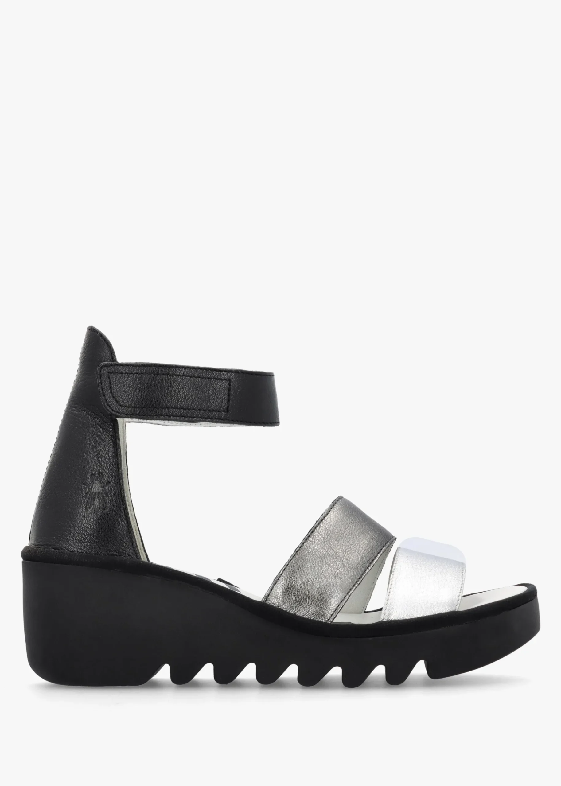 Bono Silver Graphite Black Leather Mid Wedge Sandals