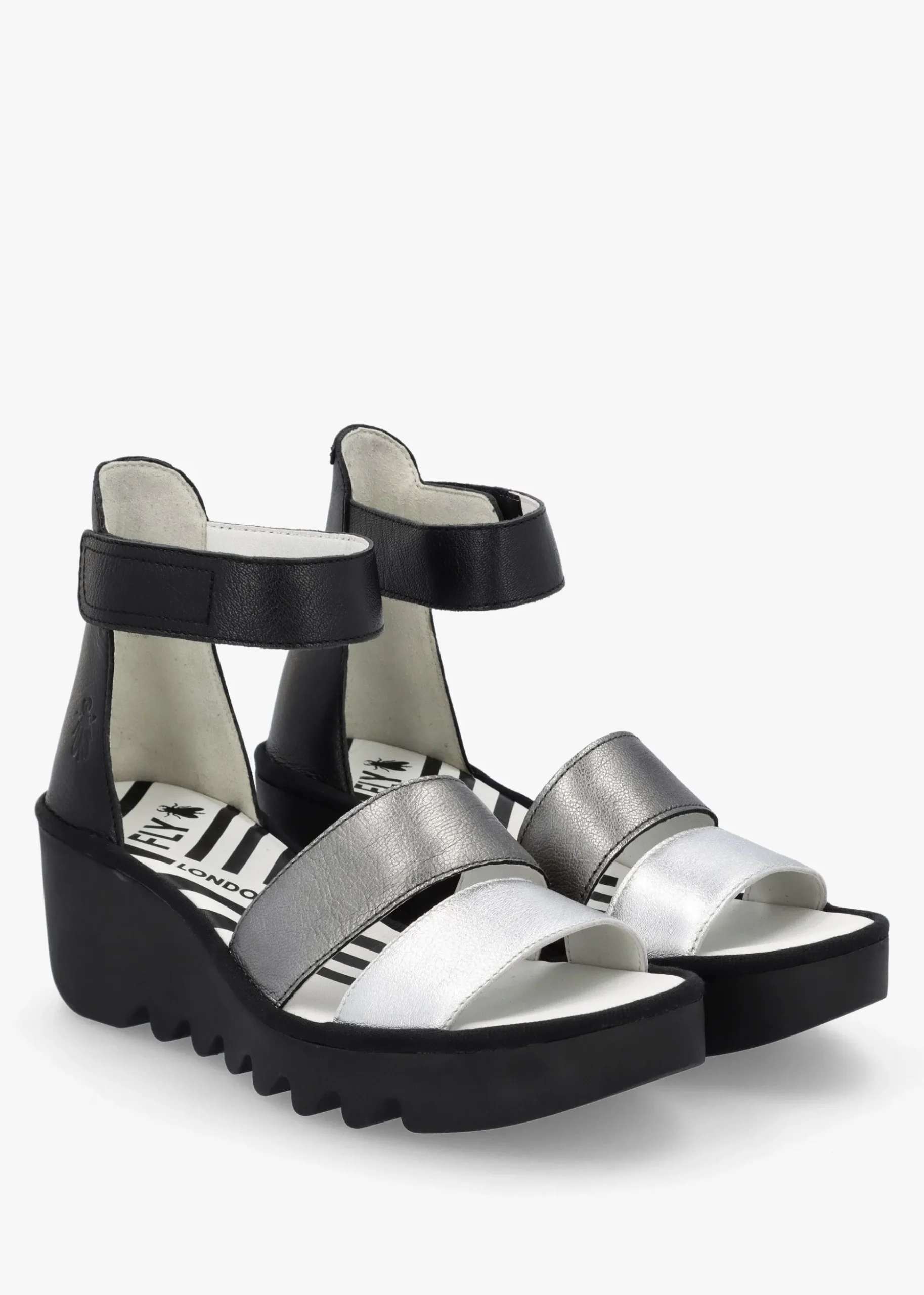 Bono Silver Graphite Black Leather Mid Wedge Sandals