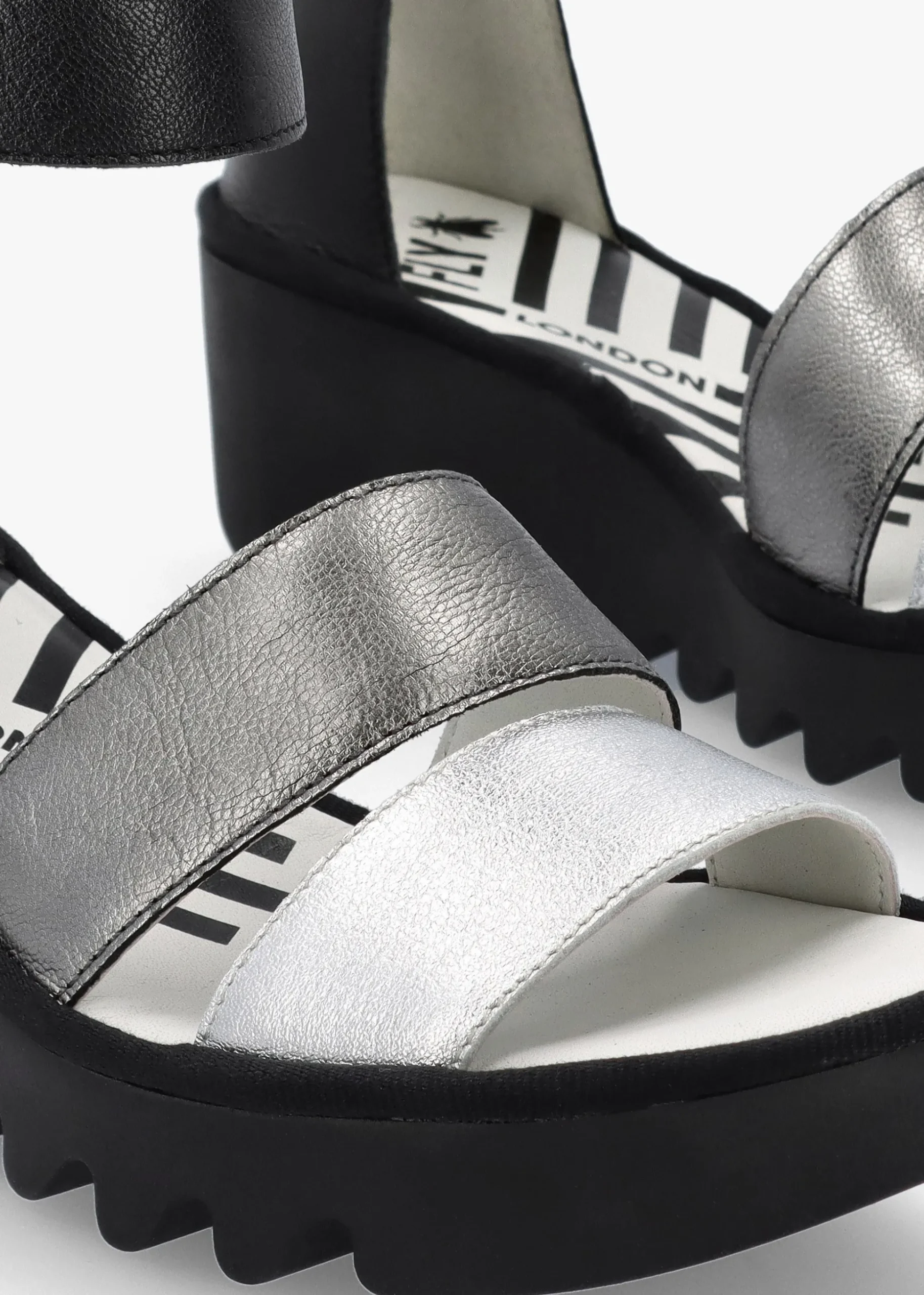 Bono Silver Graphite Black Leather Mid Wedge Sandals