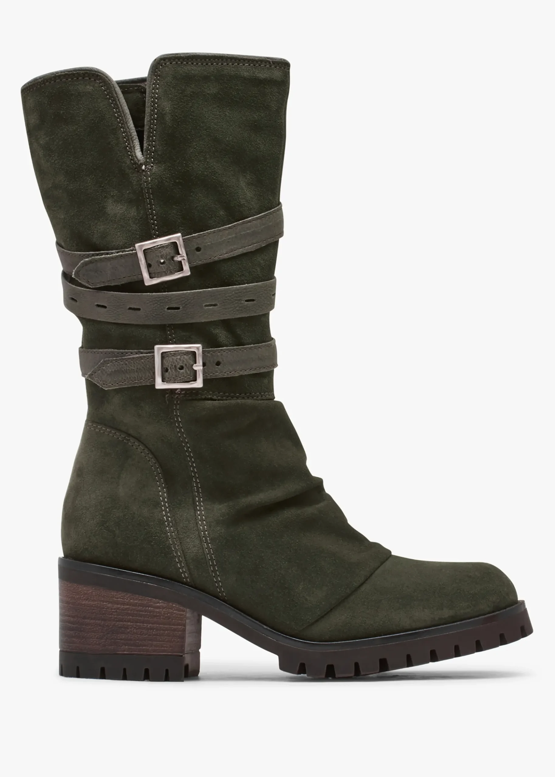 Brendie Khaki Suede Block Heel Calf Boots