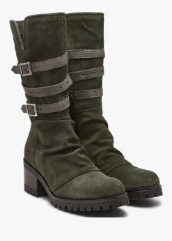 Brendie Khaki Suede Block Heel Calf Boots