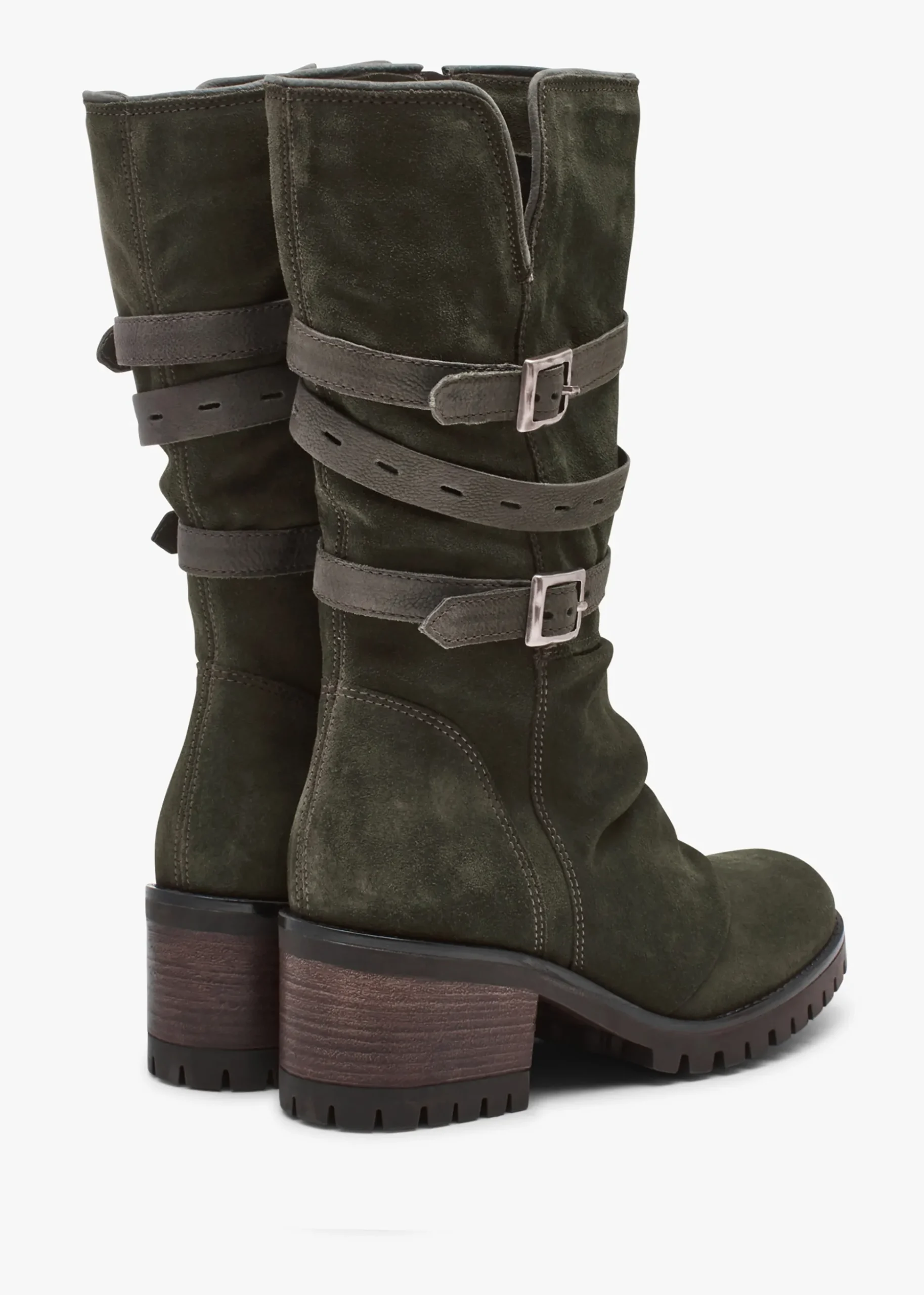 Brendie Khaki Suede Block Heel Calf Boots