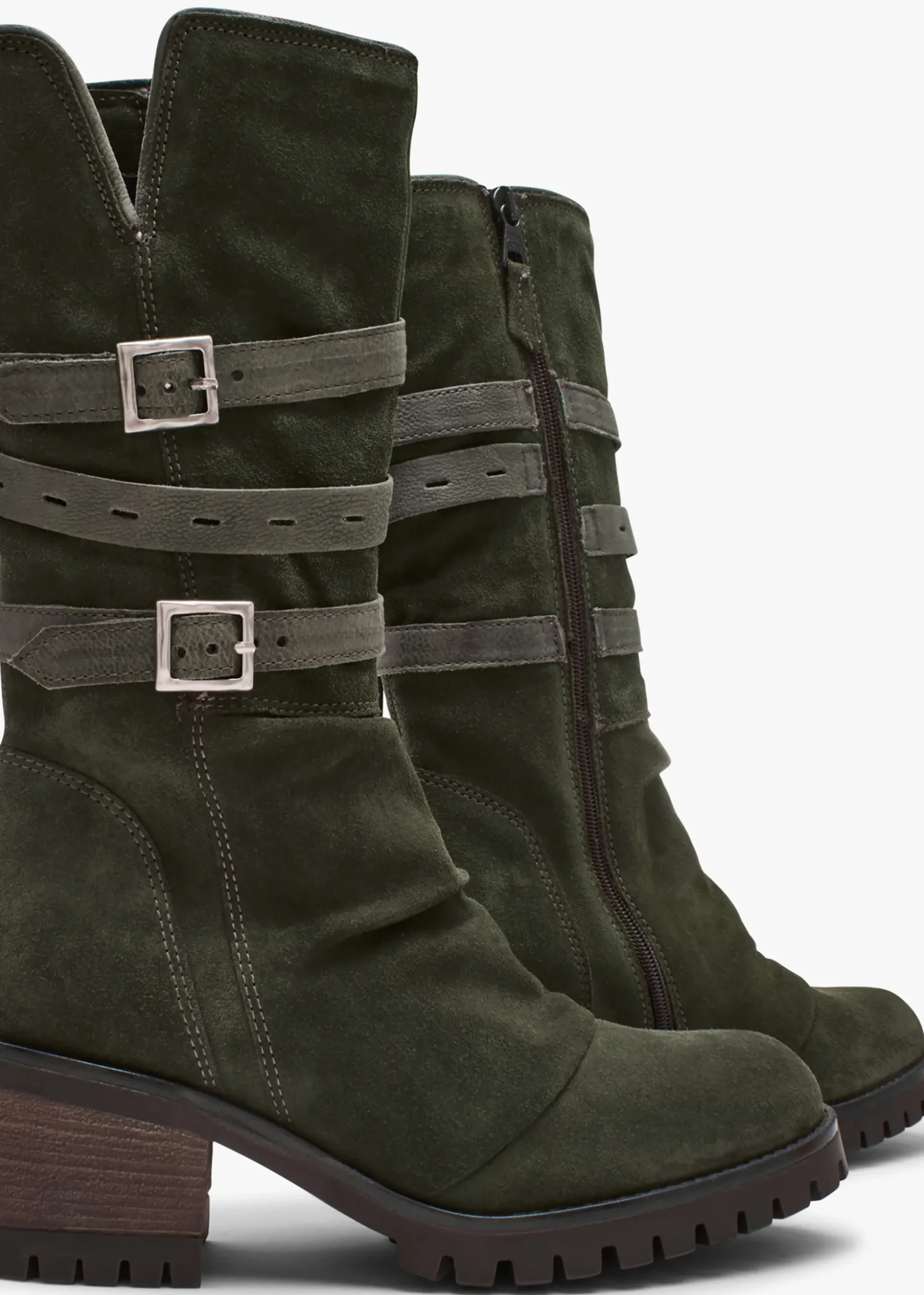 Brendie Khaki Suede Block Heel Calf Boots