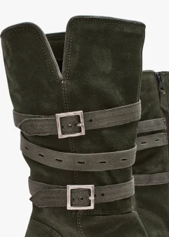 Brendie Khaki Suede Block Heel Calf Boots