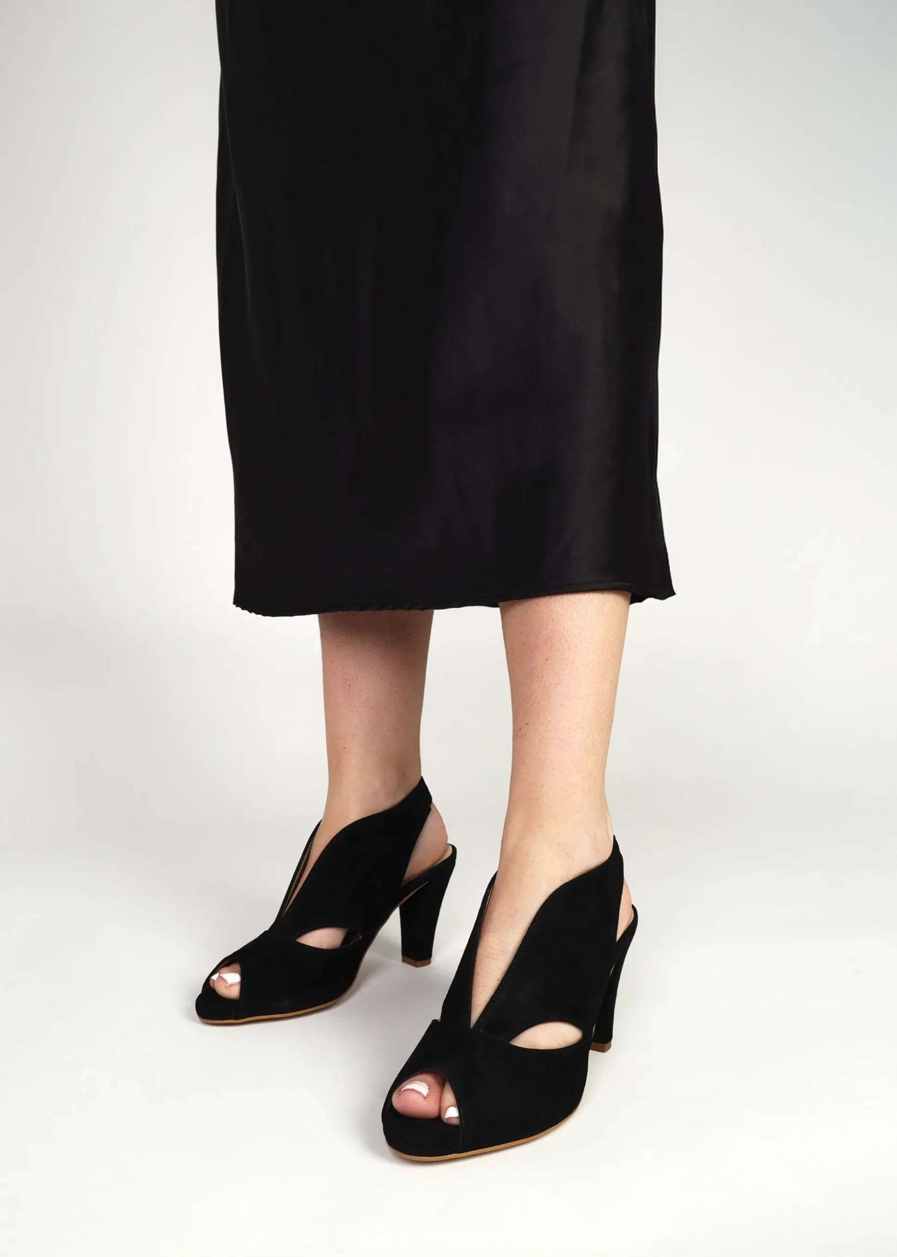 Calencia Black Suede Asymmetric Block Heel Sandals
