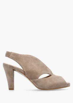 Calencia Taupe Suede Asymmetric Block Heel Sandals