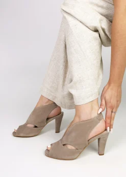 Calencia Taupe Suede Asymmetric Block Heel Sandals