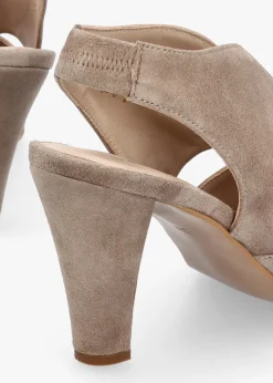 Calencia Taupe Suede Asymmetric Block Heel Sandals