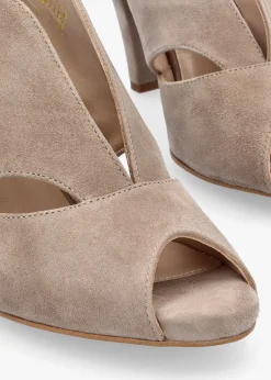 Calencia Taupe Suede Asymmetric Block Heel Sandals