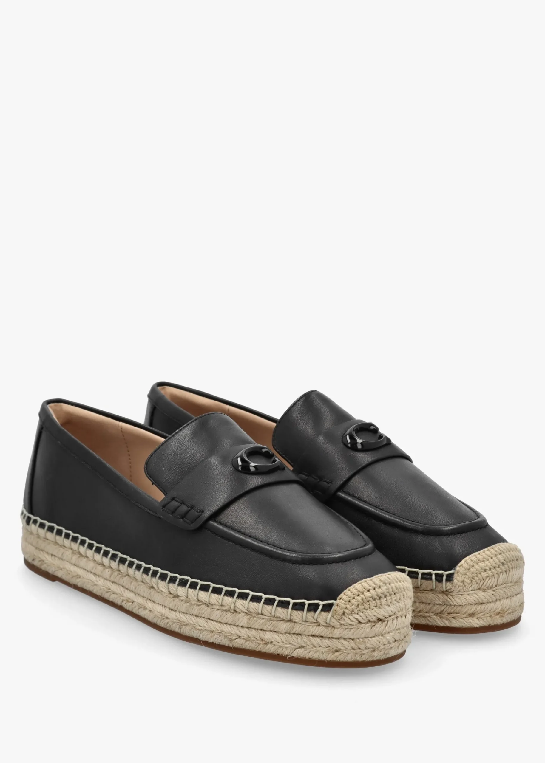 Camilla Black Leather Logo Flat Espadrilles