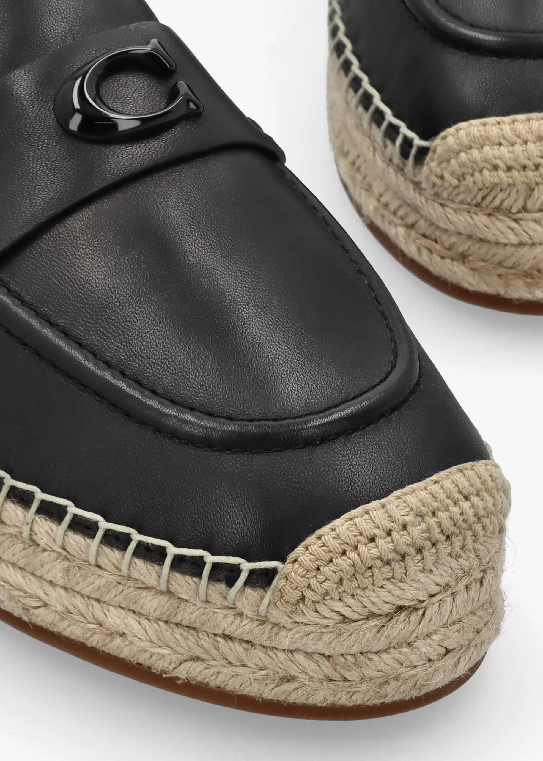Camilla Black Leather Logo Flat Espadrilles
