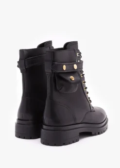 Cammie Black Leather Biker Ankle Boots