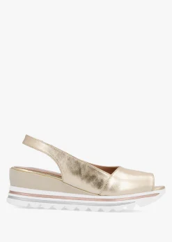 Canna Gold Leather Peep Toe Wedge Sandals