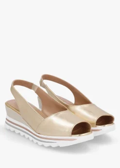 Canna Gold Leather Peep Toe Wedge Sandals
